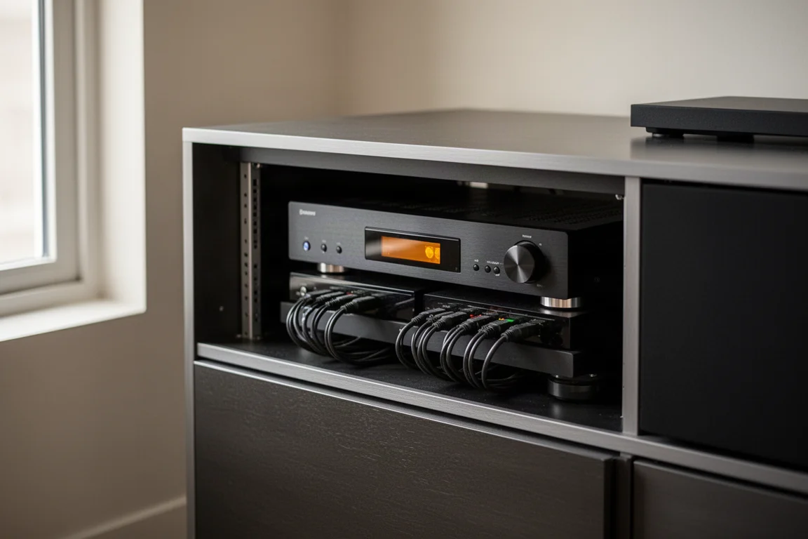 Offenes Medienregal mit Heimkino-Elektronik, leuchtendem Receiver-Display und ordentlich verlegten Kabeln
