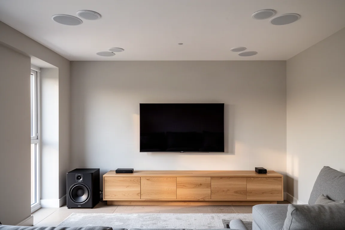 Fertig eingerichtetes Wohnzimmer-Heimkino mit Deckenlautsprechern, Subwoofer und wandmontiertem Fernseher