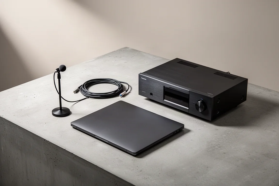 Measurement microphone, laptop and AV receiver arranged on a concrete surface for calibration