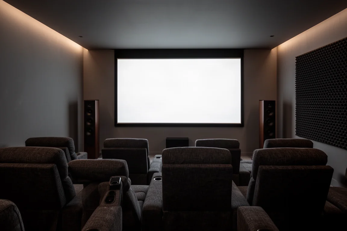 Sala home theater in penombra con poltrone reclinabili, schermo e diffusori a torre