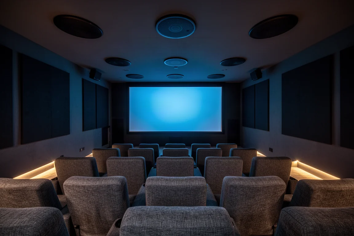 Cinema domestico oscurato visto dal retro con diffusori a soffitto e bagliore dello schermo