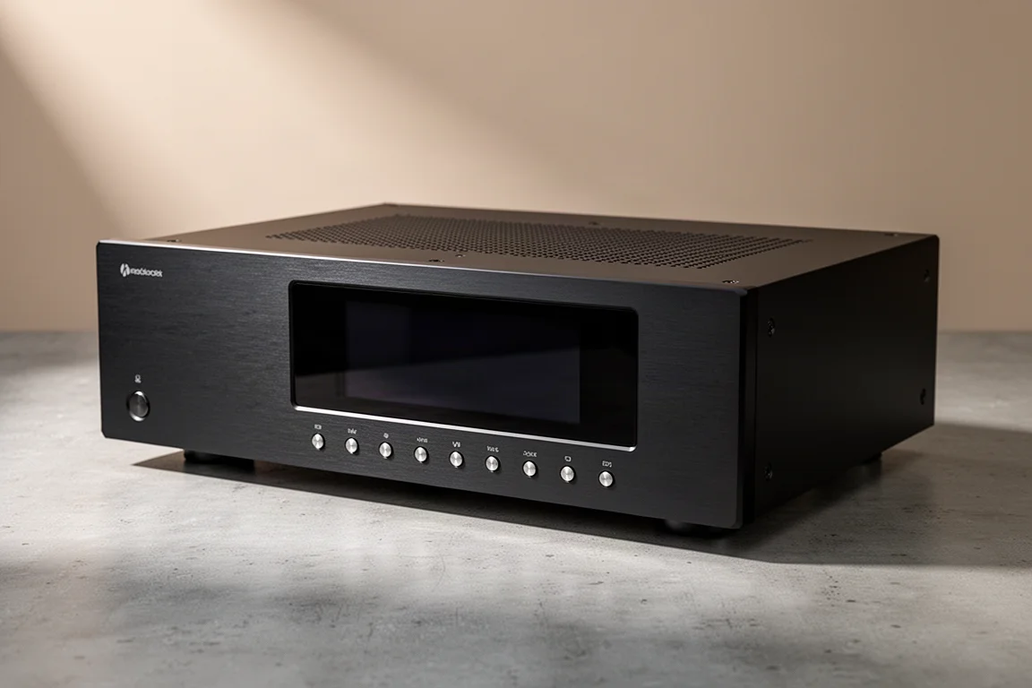 Black low-profile AV processor chassis photographed on a matte concrete surface