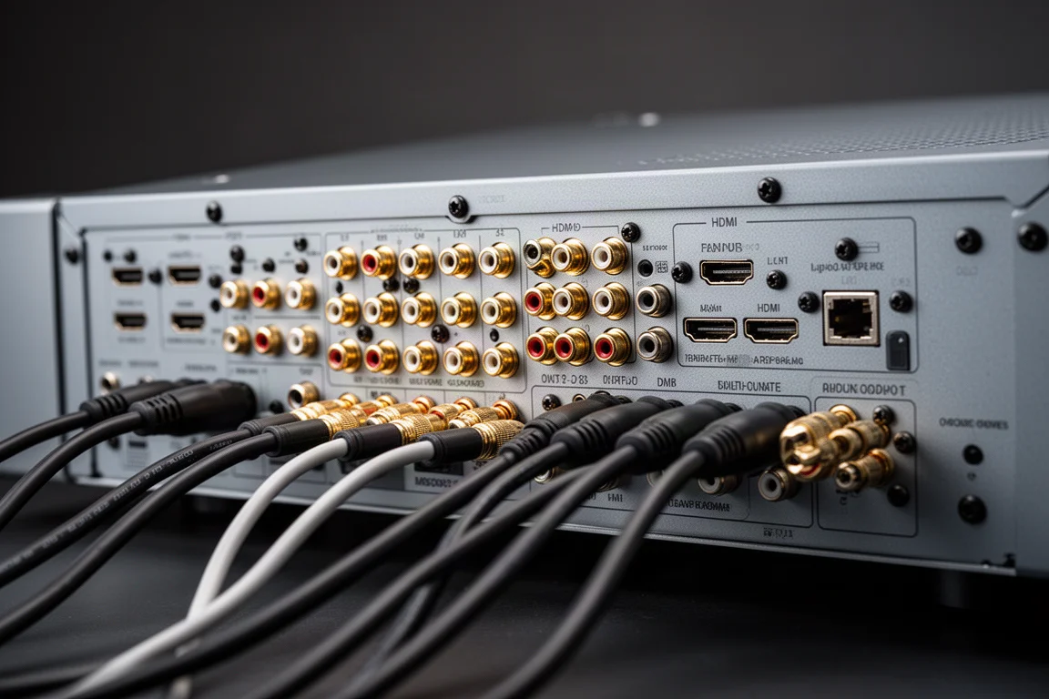 Baksidan av en rackmonterad hemmabioprocessor med tätt packade anslutningar
