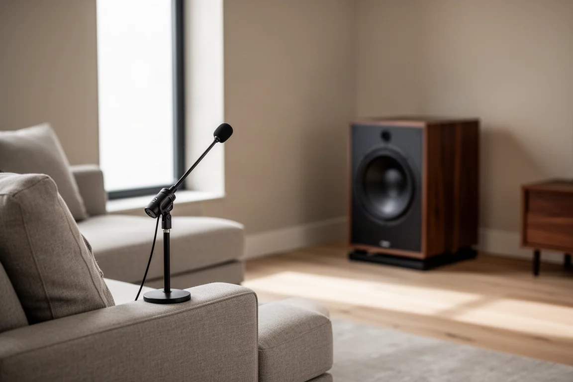 Mätmikrofon på stativ i ett vardagsrum med en subwoofer i närheten