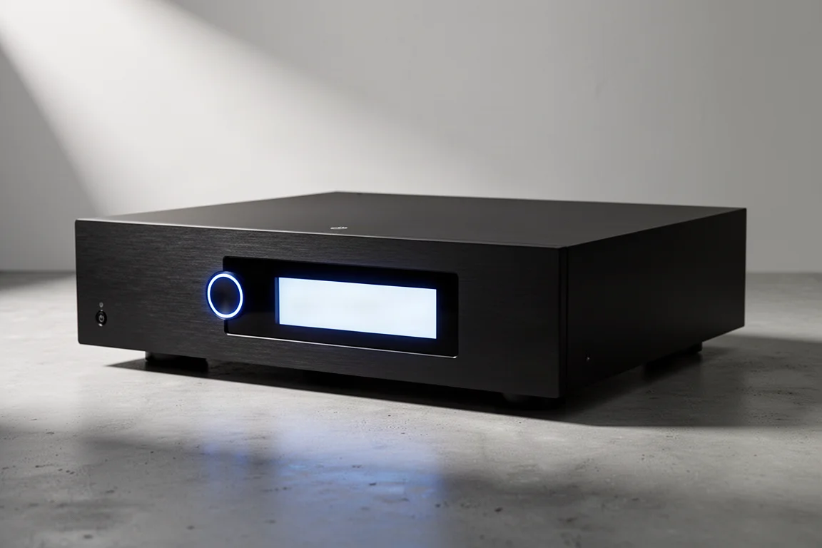 Matte black home theater preamplifier processor with glowing display on concrete surface