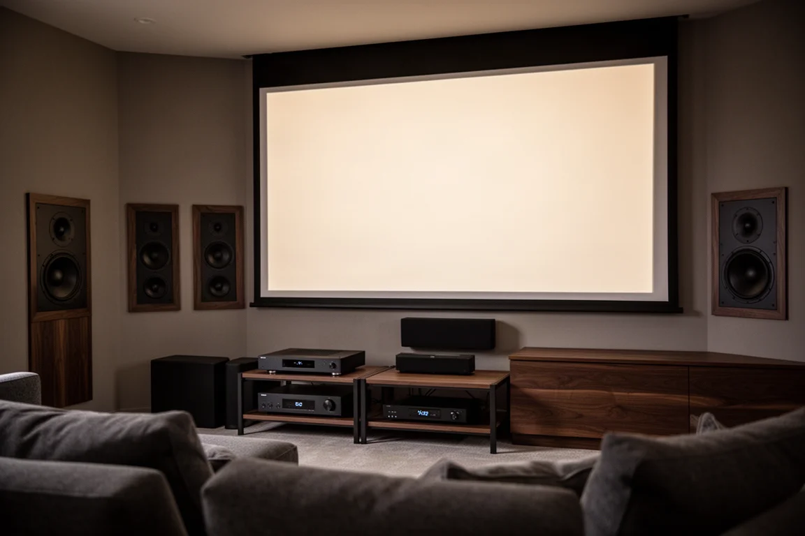 Heimkinoraum mit Surround-Lautsprechern, Equipment-Rack und sanft leuchtendem Bildschirm
