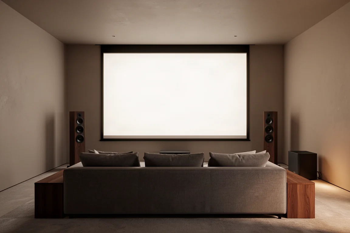 Sitzbereich im Heimkino vor einer großen Leinwand, flankiert von Standlautsprechern