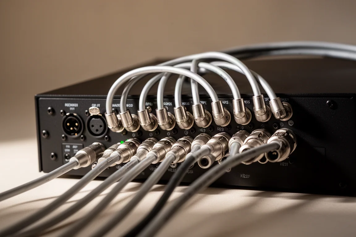 Nahaufnahme symmetrischer XLR-Ausgangsanschlüsse mit Kabeln an der Rückseite eines Audioprozessors