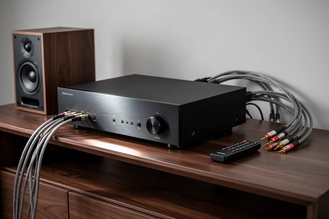 Matte black multichannel home theater processor on a walnut shelf beside a speaker and remote