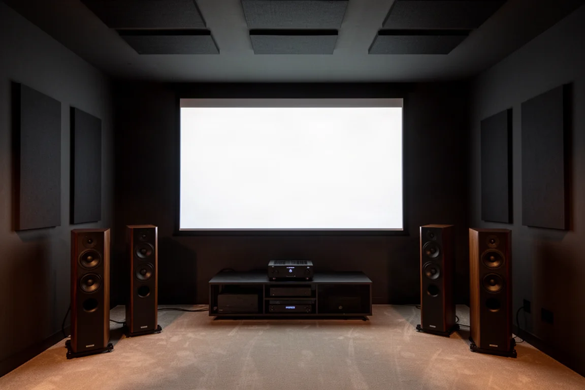 Sala de cine en casa con poca luz, pantalla de proyección, altavoces de suelo y un mueble bajo para equipos