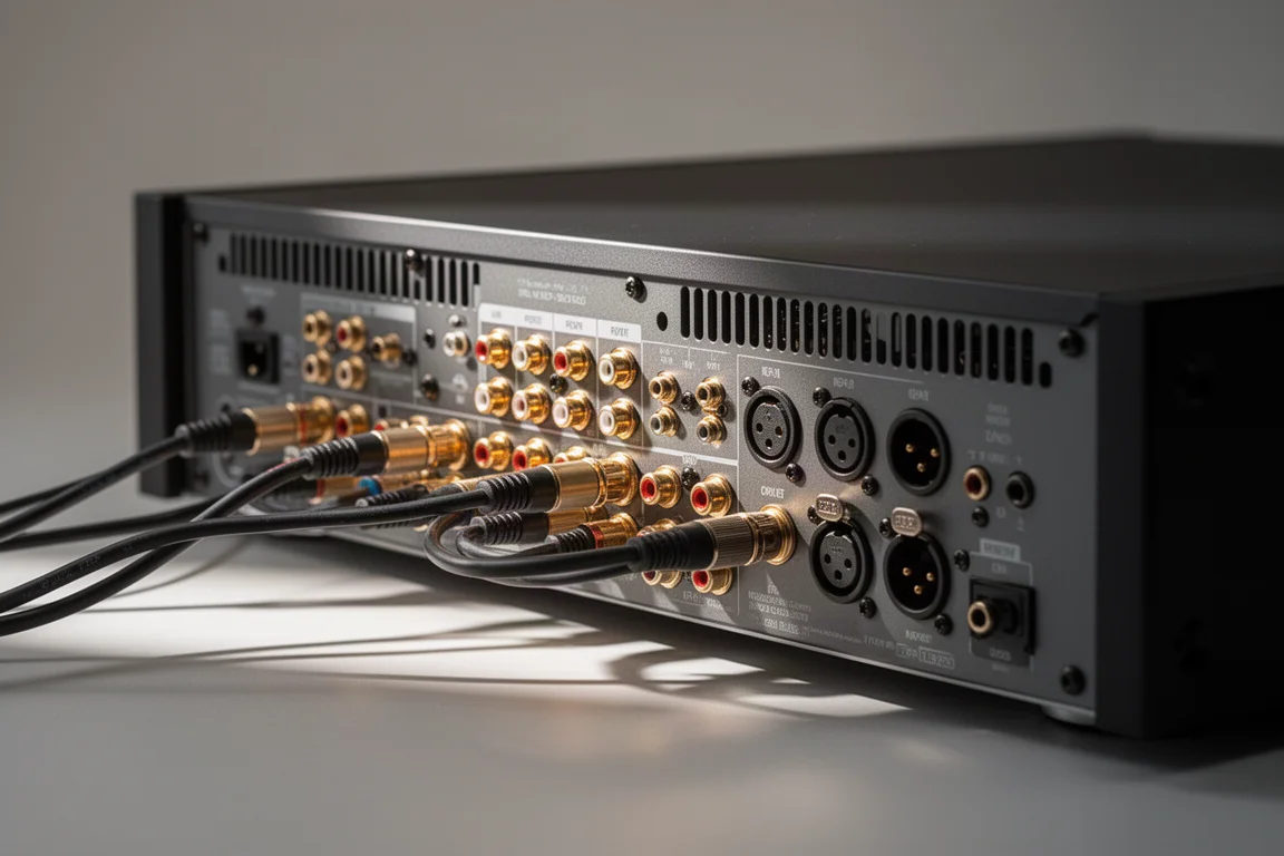 Panel trasero de un componente AV montado en rack con cables bien organizados y conectores balanceados