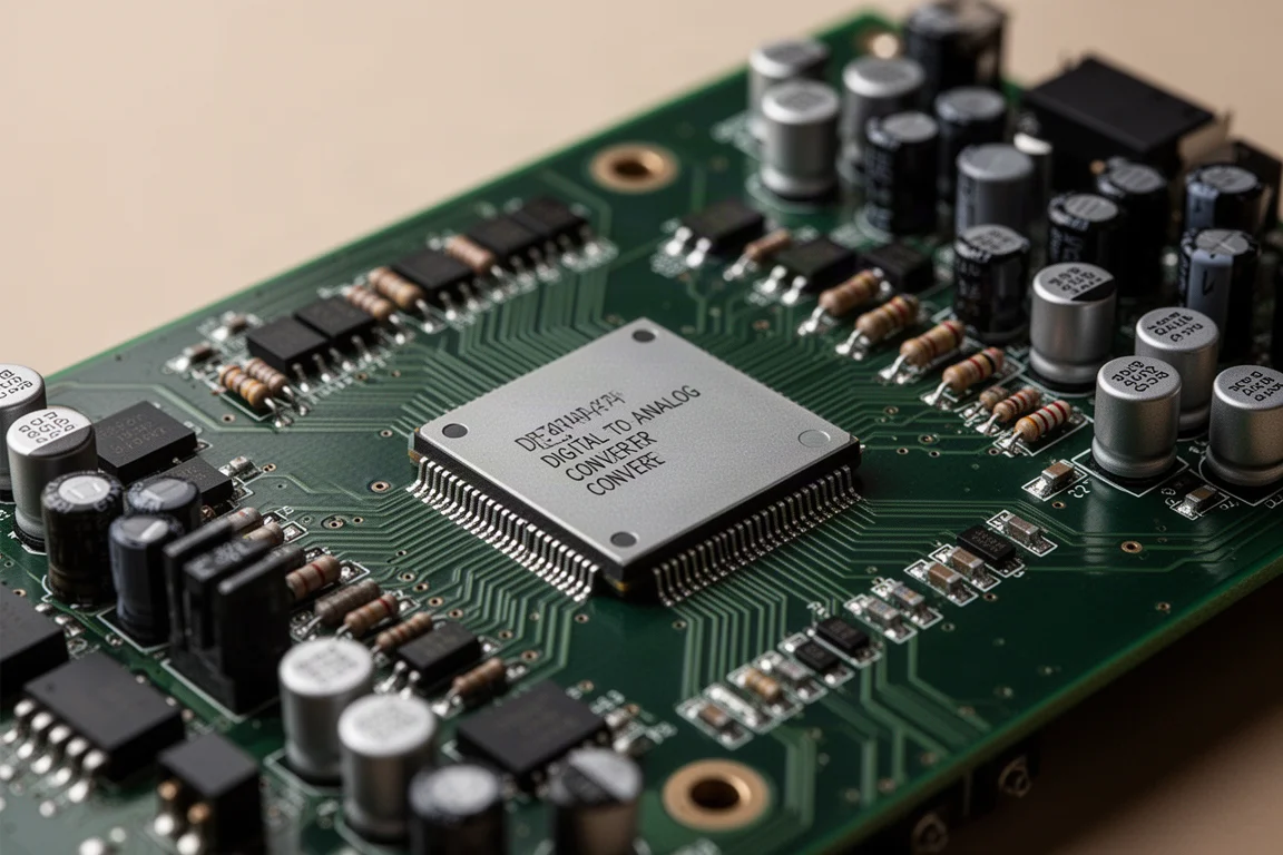 Detalle macro de una placa de circuito de audio con chips convertidores y condensadores