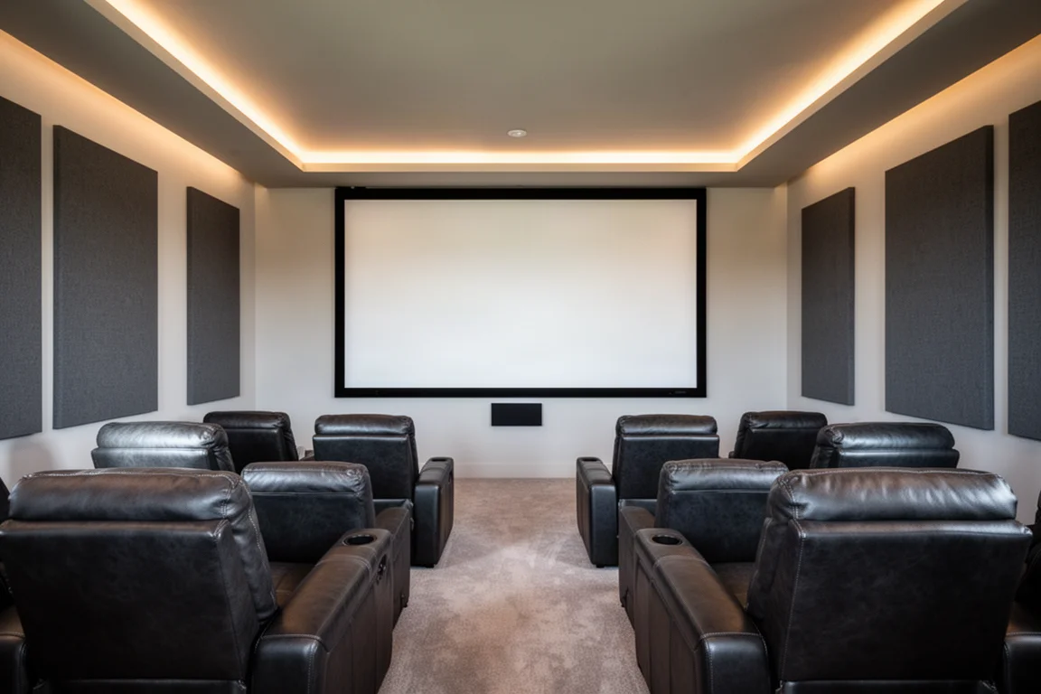 Zona de asientos de cine en casa terminada con iluminación cálida de acento y una pantalla grande