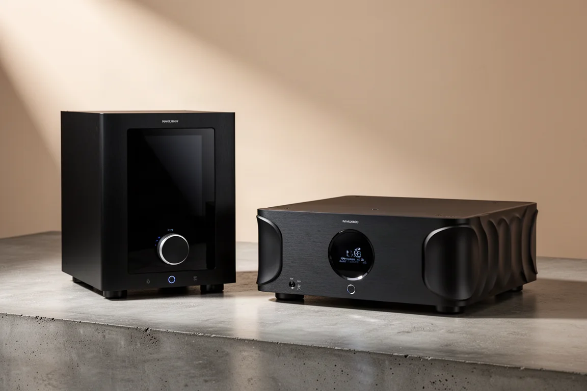 Two premium black AV processors side by side on a matte concrete surface