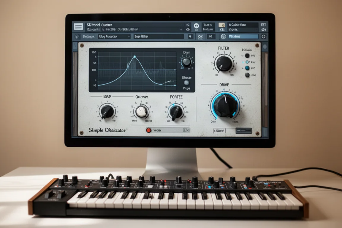 現代音樂製作工作室桌面,配備 DAW 顯示器、MIDI 鍵盤和錄音室監聽喇叭