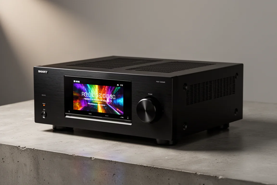 Black home theater AV receiver with illuminated front display on a concrete surface