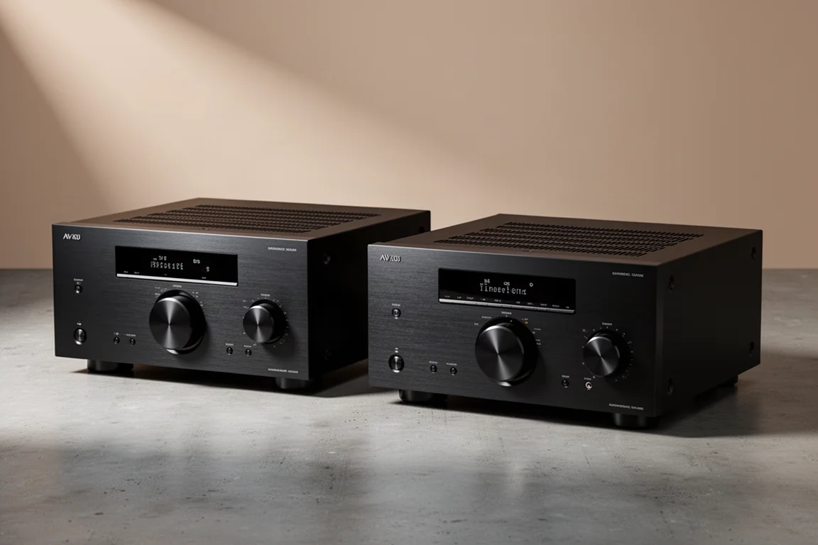 Two black AV receivers side by side on a matte concrete surface