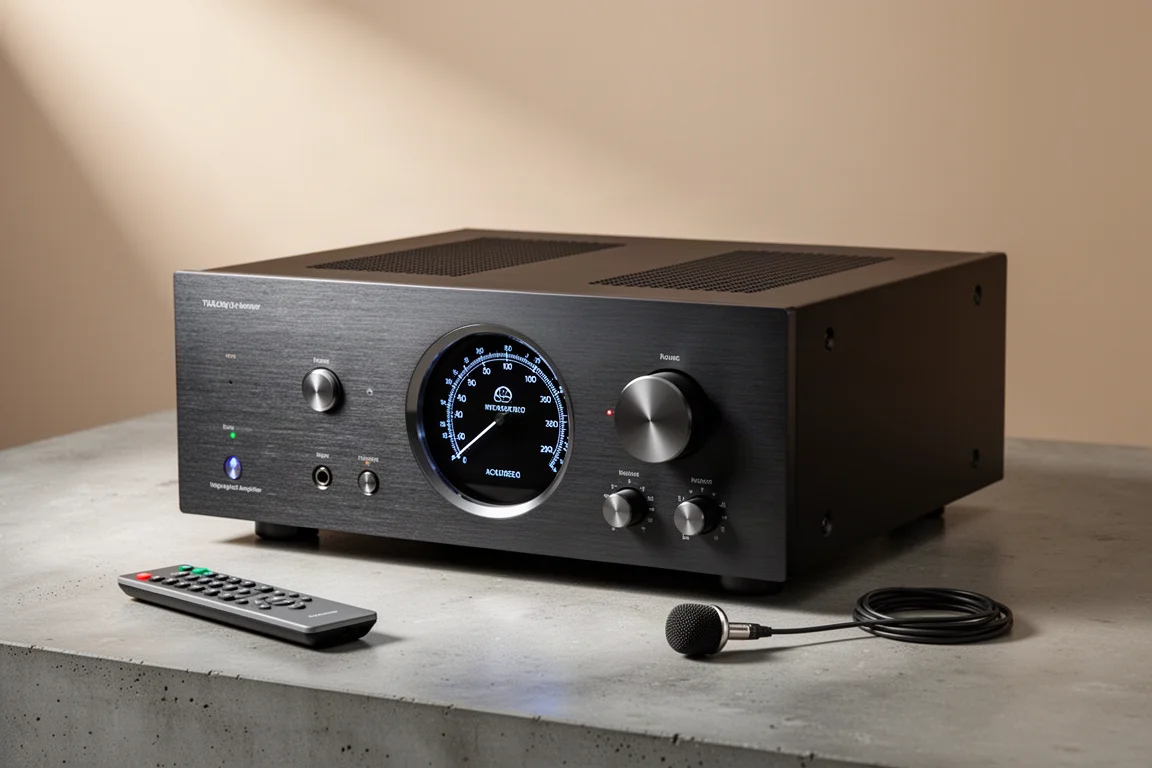 Full-size integrated amplifier with volume display on a concrete surface with remote and microphone