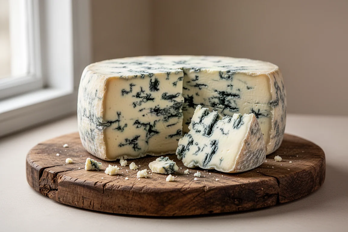 Laib Blauer Stilton mit Besteck auf einem rustikalen Holzbrett
