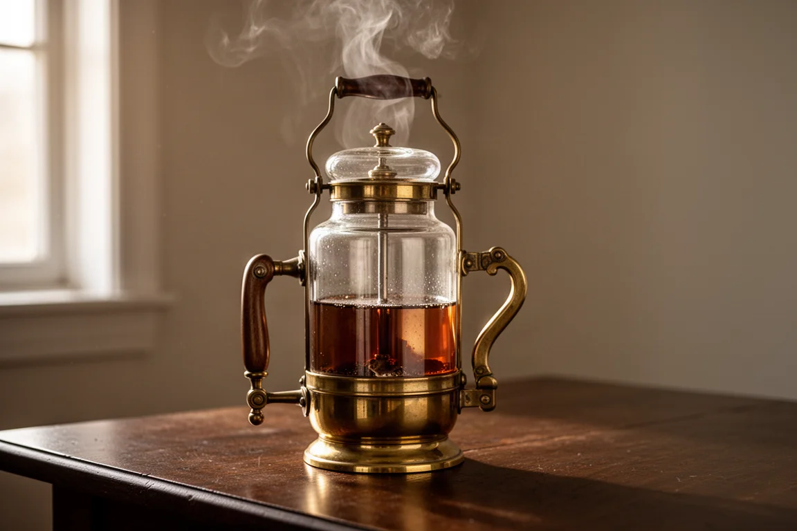 Antiker Glas- und Messing-Kaffeekaffeebereiter dampft auf einem Holztisch