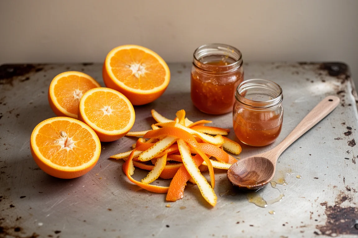 Orangenschalenstreifen und Marmeladen-Zubehör auf einer Küchenanrichte
