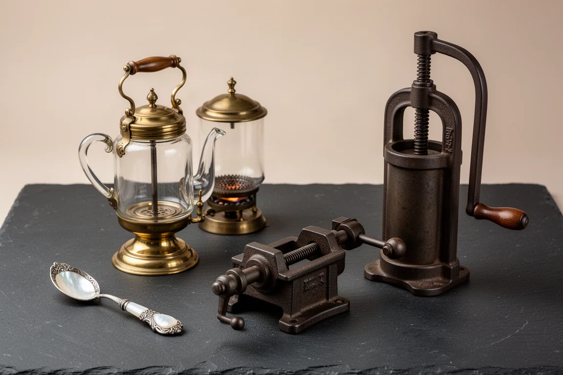 Quattro gadget d'epoca per la cucina, tra cui un cucchiaio d'argento, una caffettiera a percolazione, un tagliamarmellata e un insaccatore, su una lastra d'ardesia