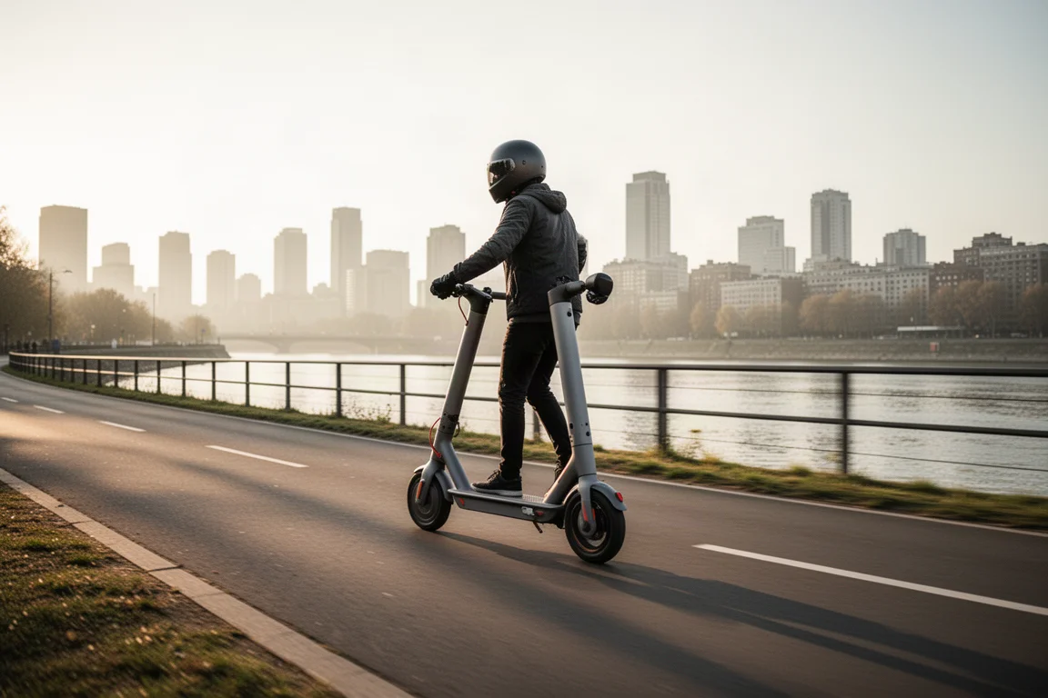Rowerzysta na matowej szarej hulajnodze elektrycznej sunący nadrzeczną ścieżką rowerową o wschodzie słońca