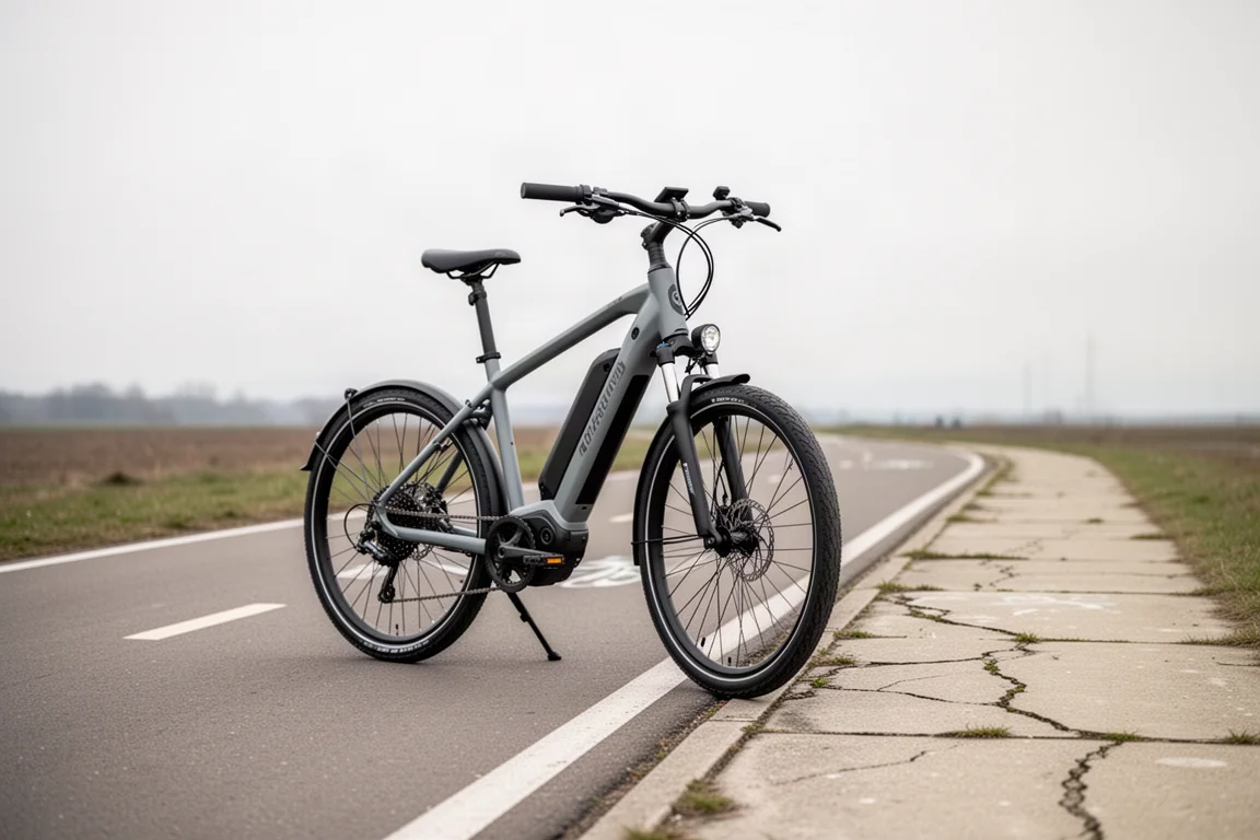 Großes graues E-Bike, geparkt neben einem asphaltierten Radweg an einem trüben Tag