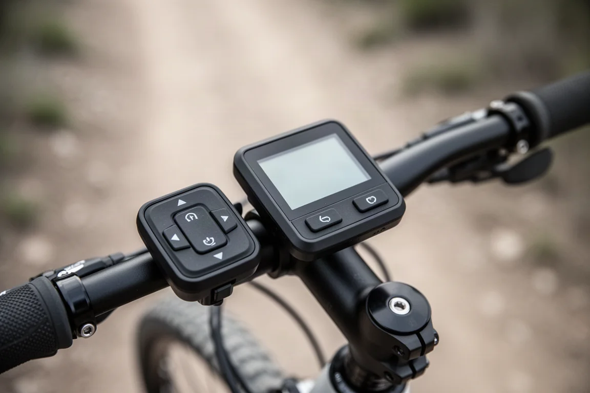 Nahaufnahme eines Fahrrad-Lenkerdisplays und einer Bedieneinheit bei Tageslicht