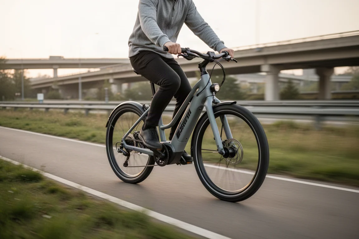 Radfahrer auf einem E-Bike entlang eines asphaltierten Weges nahe einer belebten Autobahnbrücke