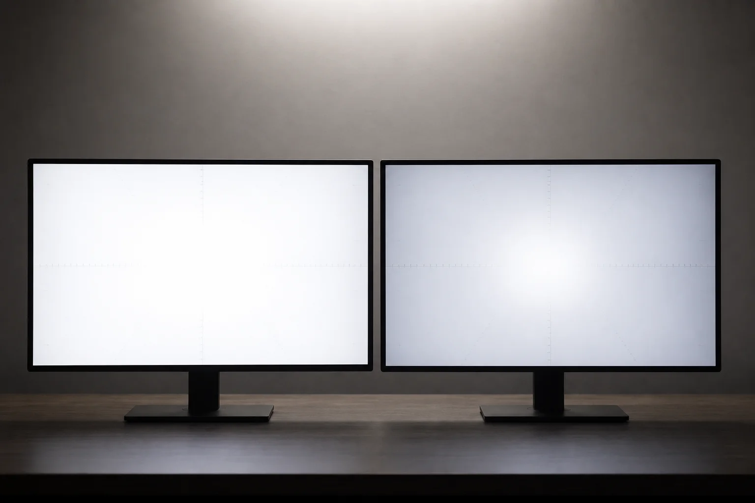Jämförelse av ljusstyrka sida vid sida mellan två OLED-skärmar som visar ett vitt testmönster