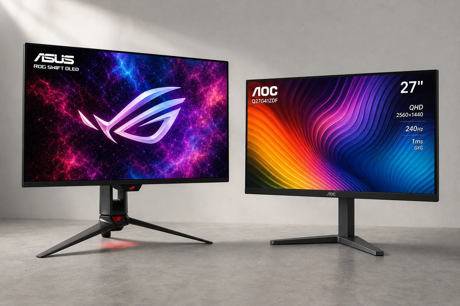 AOC Q27G41ZDF 與 Asus ROG Swift OLED 電競螢幕並排放在水泥地上