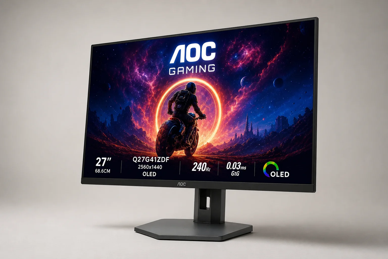 AOC Q27G41ZDF och Asus ROG Swift OLED-gamingskärmar sida vid sida på betongunderlag