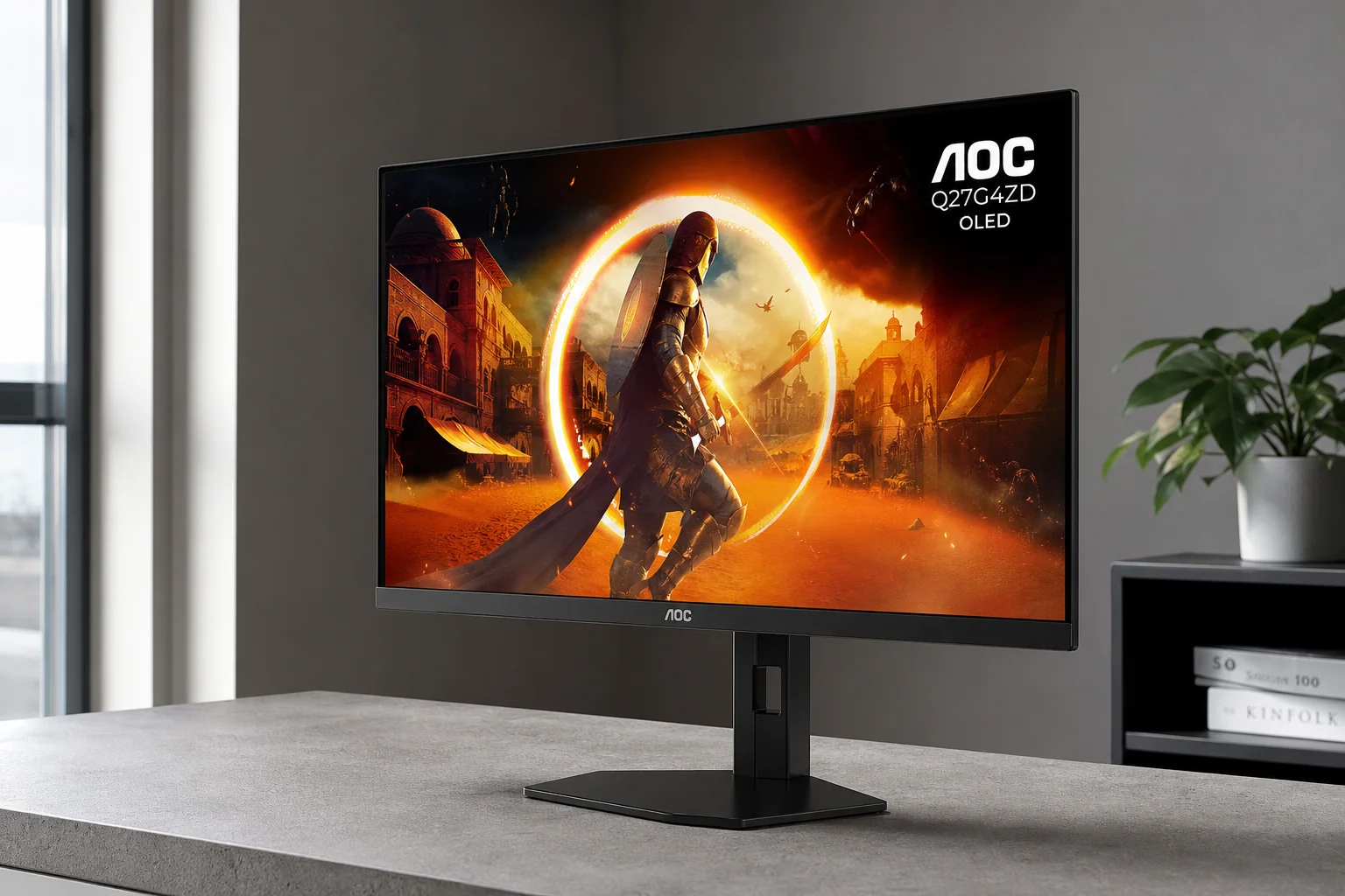 Eight computer monitors of varying sizes displayed on a concrete surface showing different content