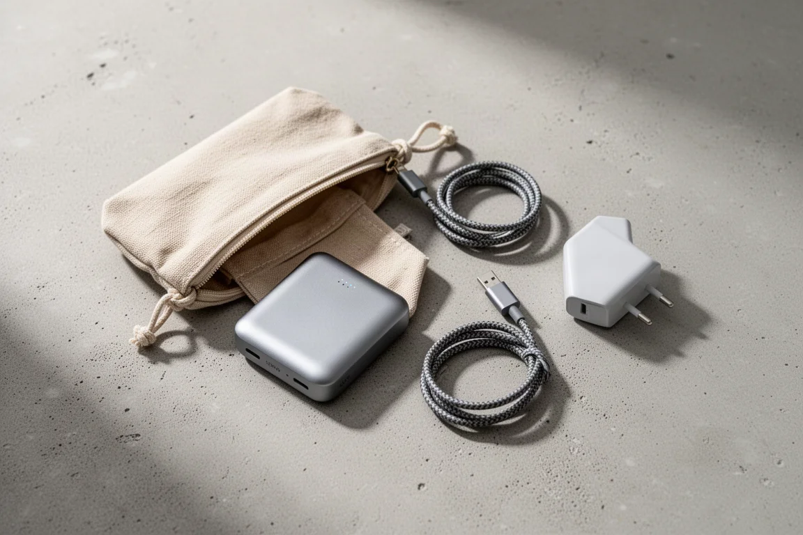 Cena de bagagem de viagem com um cabo curto e um pequeno power bank