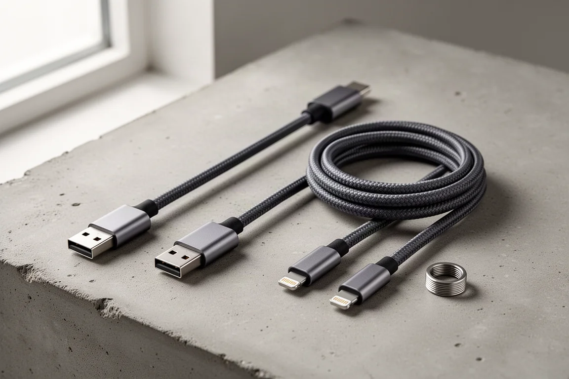 Modular charging cable set with aluminium connectors and a threaded ring on concrete