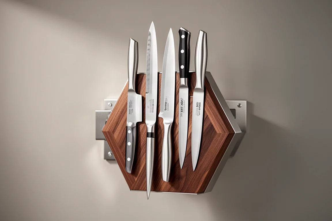 Hexagonal walnut magnetic knife block holding kitchen knives against a grey backdrop