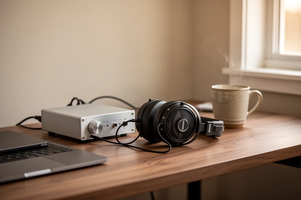 Setup de audição com fones de ouvido over-ear e um pequeno amplificador em uma mesa de madeira