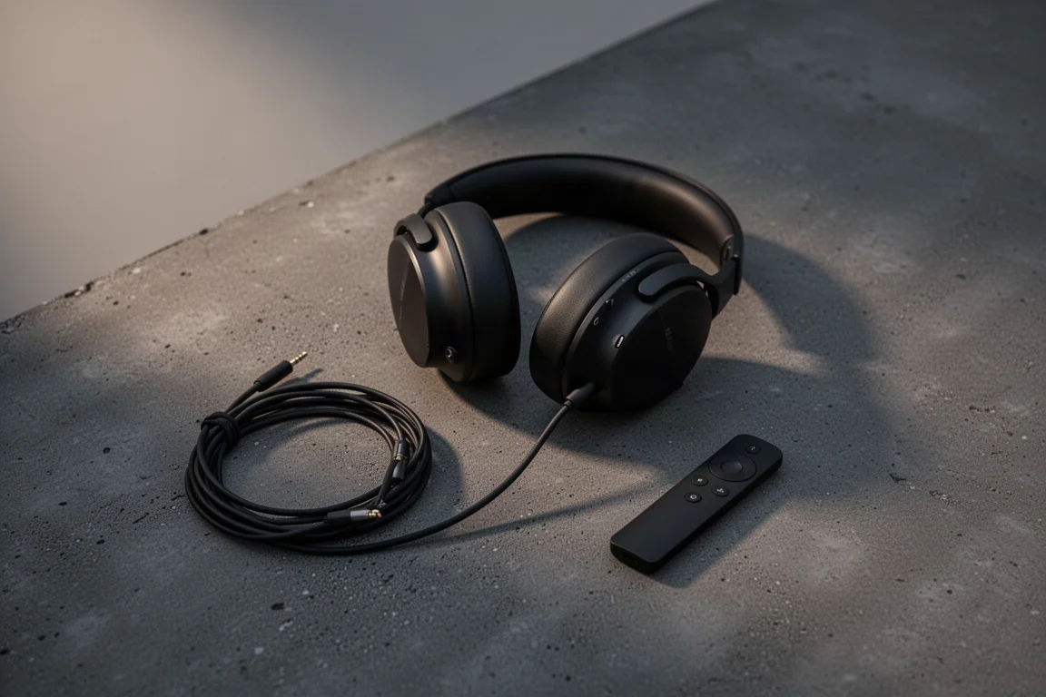 Fones planares fechados com cabo e controle remoto sobre uma superfície de concreto escuro