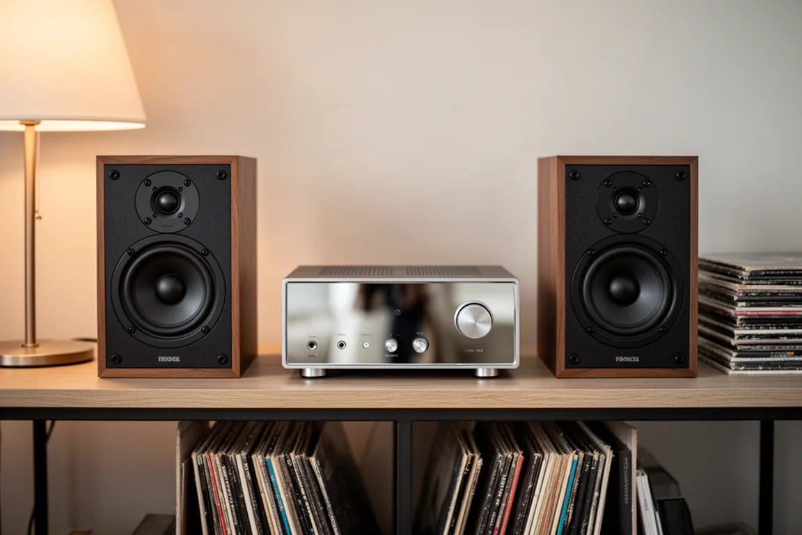 Estante de hi-fi compacta com amplificador entre duas caixas acústicas na sala de estar