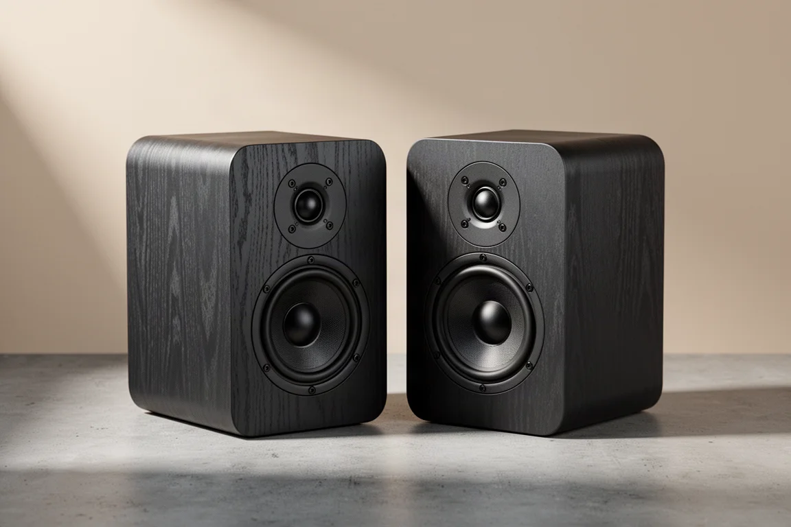 Pair of compact dark wood-grain powered desktop speakers on a matte concrete surface