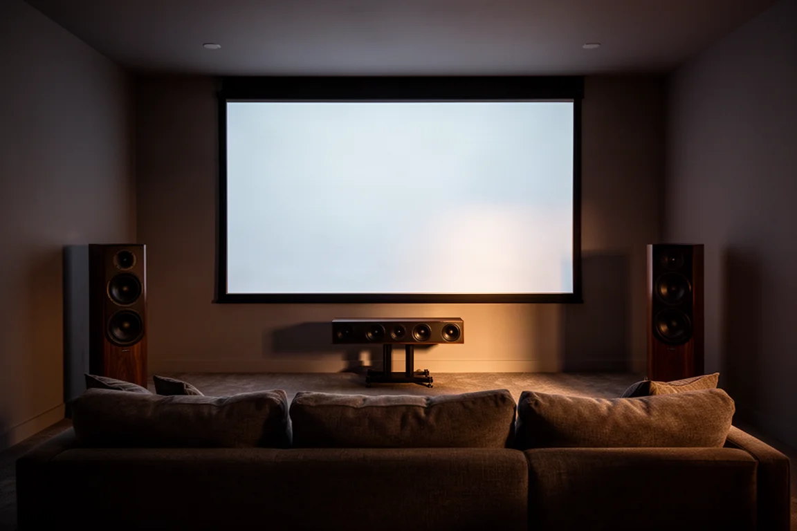 Salle home-cinéma tamisée avec lueur d'écran et enceintes colonnes
