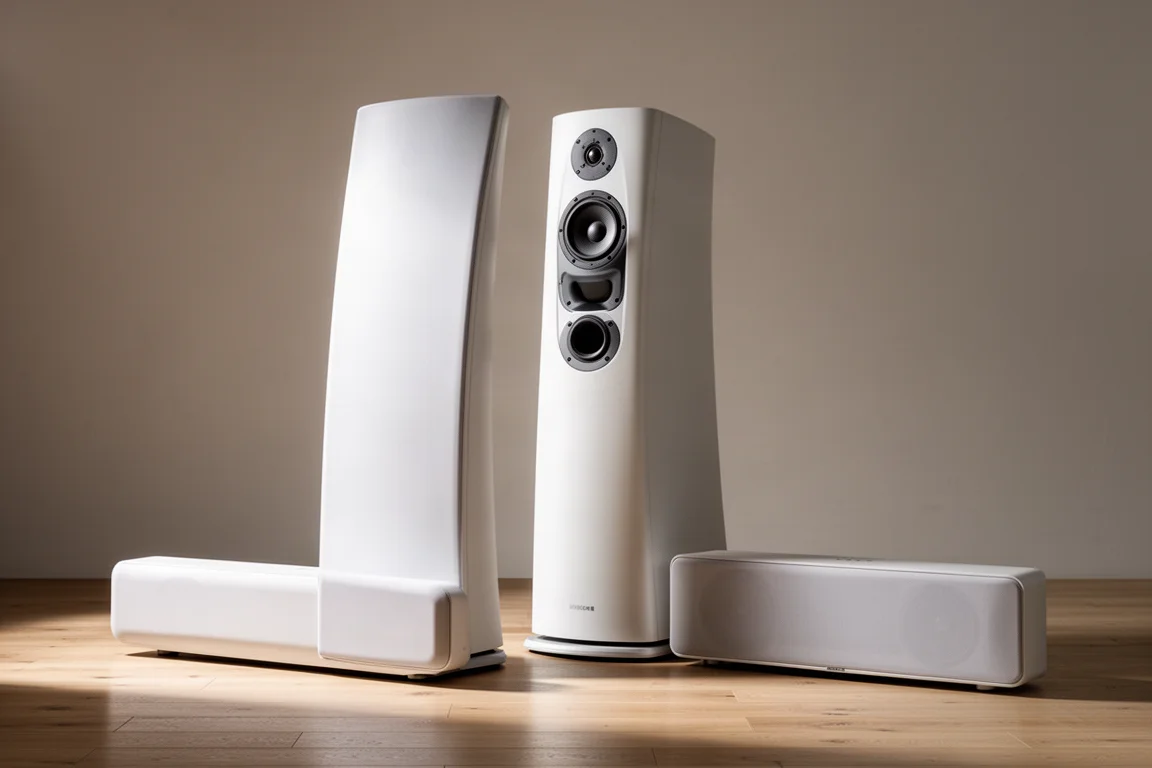 Pair of white Aperion Novus tower speakers with matching center channel on light wood floor