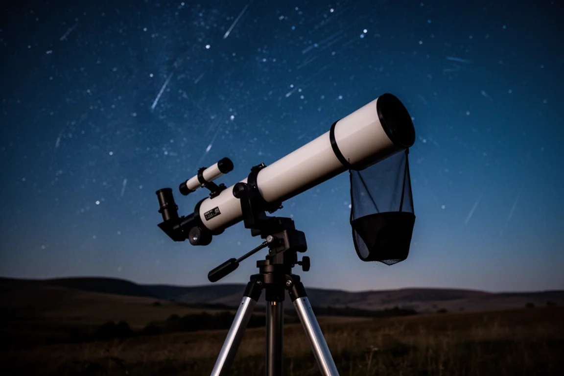 折射望遠鏡在暗色地景之上對準滿天星斗的夜空