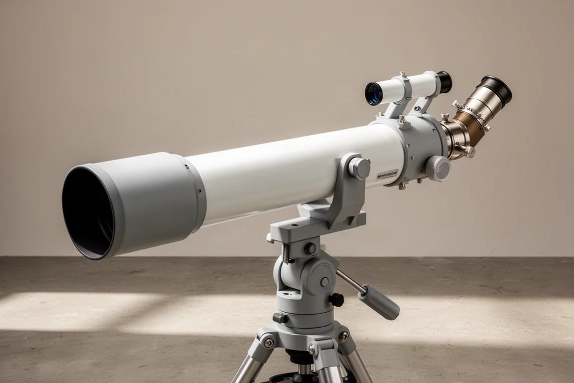 Long white refractor telescope on a mount against a neutral studio background