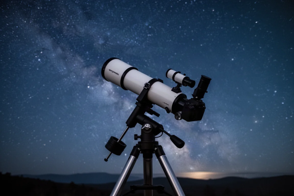Refraktor-Teleskop für eine Nacht Astrophotografie unter dunklem Himmel aufgebaut