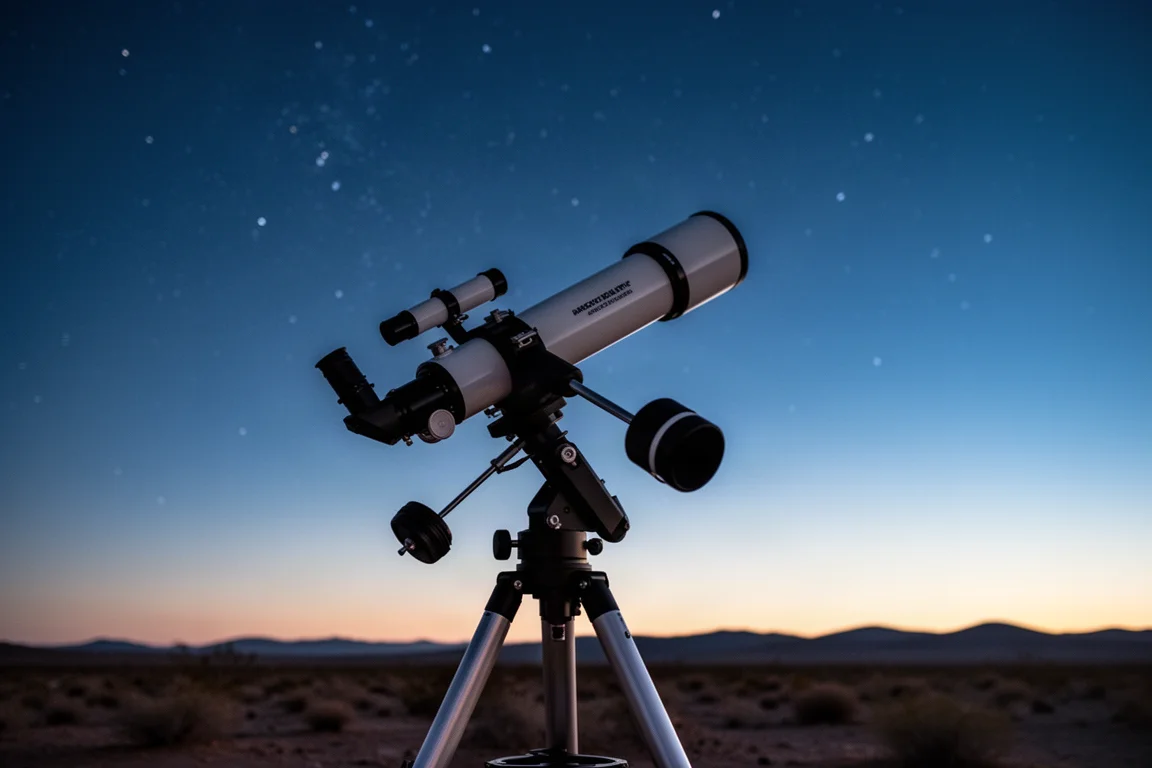 Kompaktes Refraktor-Teleskop auf einer Montierung unter einem sternklaren Abendhimmel