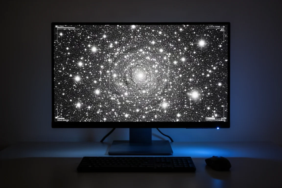 Bearbeitungssitzung für Deep-Sky-Astrofotografie mit Sternfeldern auf dunklem Bildschirm