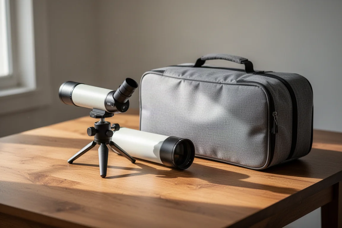 Tragbares Astrofotografie-Setup neben einem Reisekoffer gepackt bei sanftem Morgenlicht