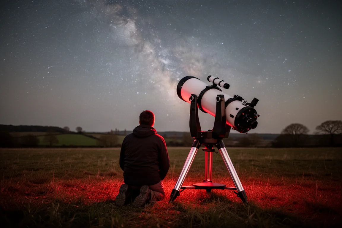 觀星者在黑暗的郊外透過大型望遠鏡觀測黯淡星系